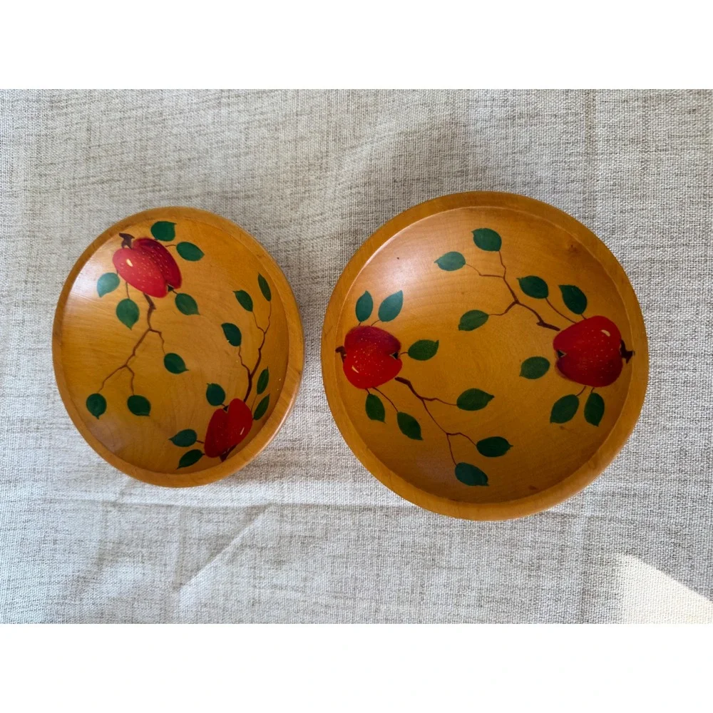 Vermont Wood Specialties Wooden Bowls Set 2 Brown Good Hand Painted Apple Fruit